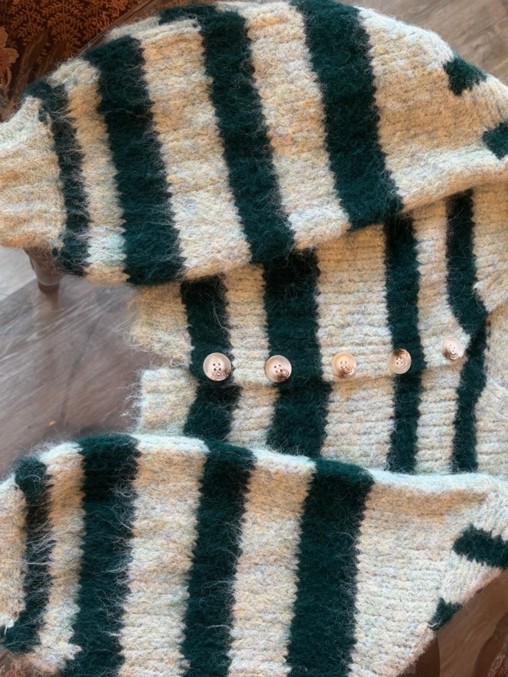 Striped Fuzzy Button-Front Cardigan Sweater - Cream & Dark Green